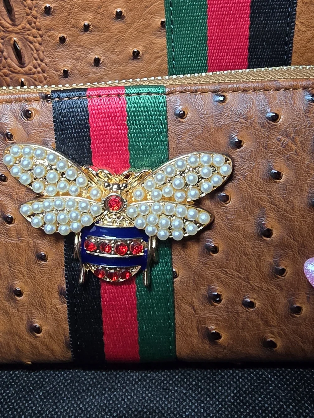 Brown Croc-Embossed Satchel with Bee Accent